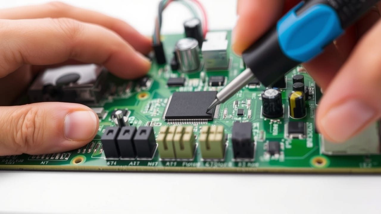 Eller küçük bir tornavida tutarken TV devre kartının yakın çekimi
