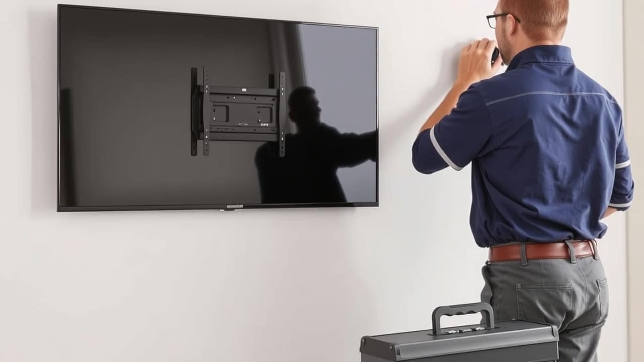 Alet çantası olan bir teknisyen duvara Samsung televizyon için duvar aparatı takıyor