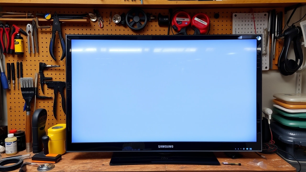 Aletlerle dolu bir çalışma tezgahı ve sökülmüş bir Samsung TV ekranı