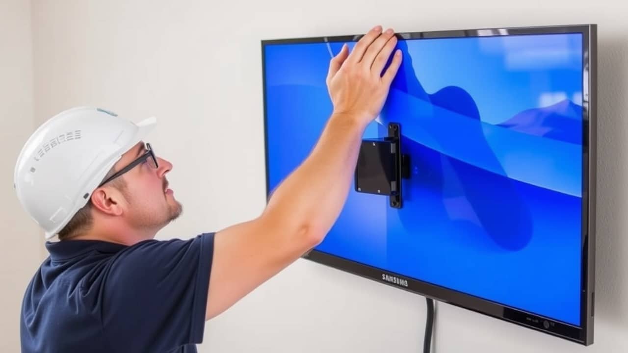 Bir kurulumcu Samsung televizyonu duvar askısına monte ediyor
