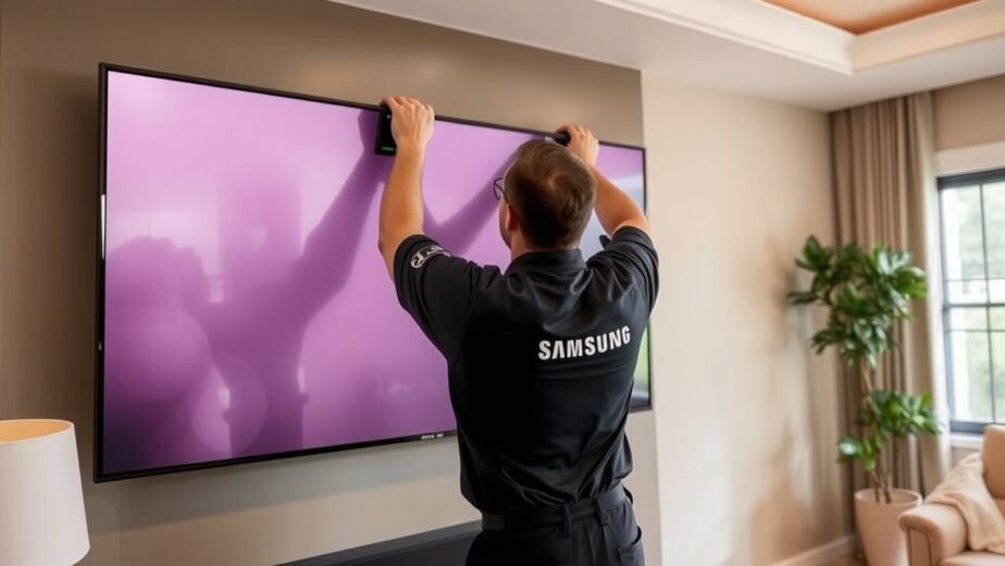 Bir teknisyen üniforma içinde bir oturma odasında duvara monte Samsung TV kuruyor. - Beyaz Eşya Servisi Ankara