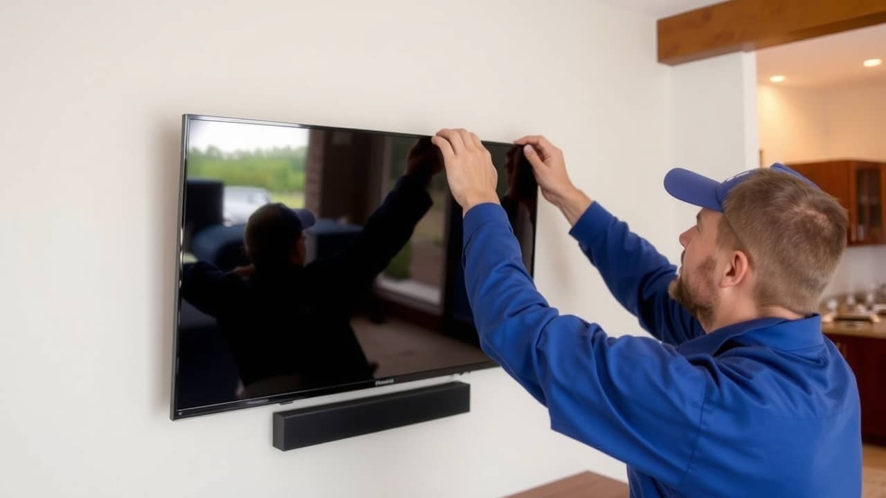 Mavi üniformalı bir teknisyen bir oturma odasında duvara monte televizyonu onarıyor.