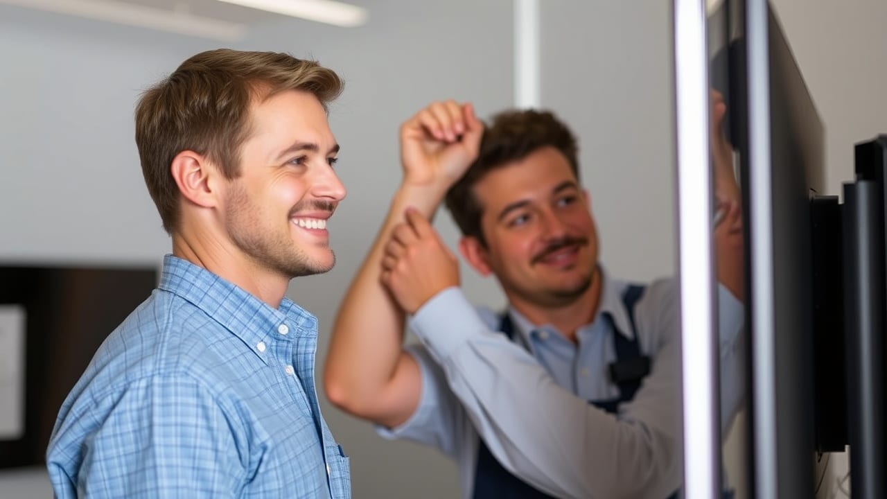 Gülümseyen bir müşteri, teknisyenin TV arkasındaki kabloları ayarlamasını izliyor.