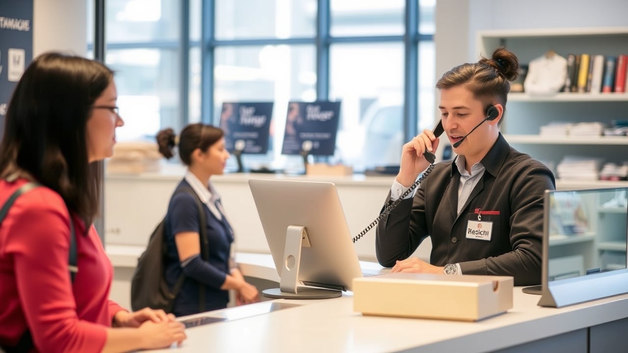 Tezgahta telefonla konuşan teknisyen bekleyen bir müşteri ile