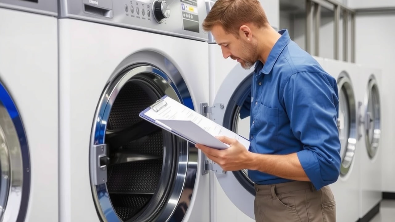 Teknisyen elinde bir kontrol listesiyle çamaşır makinesini inceliyor.