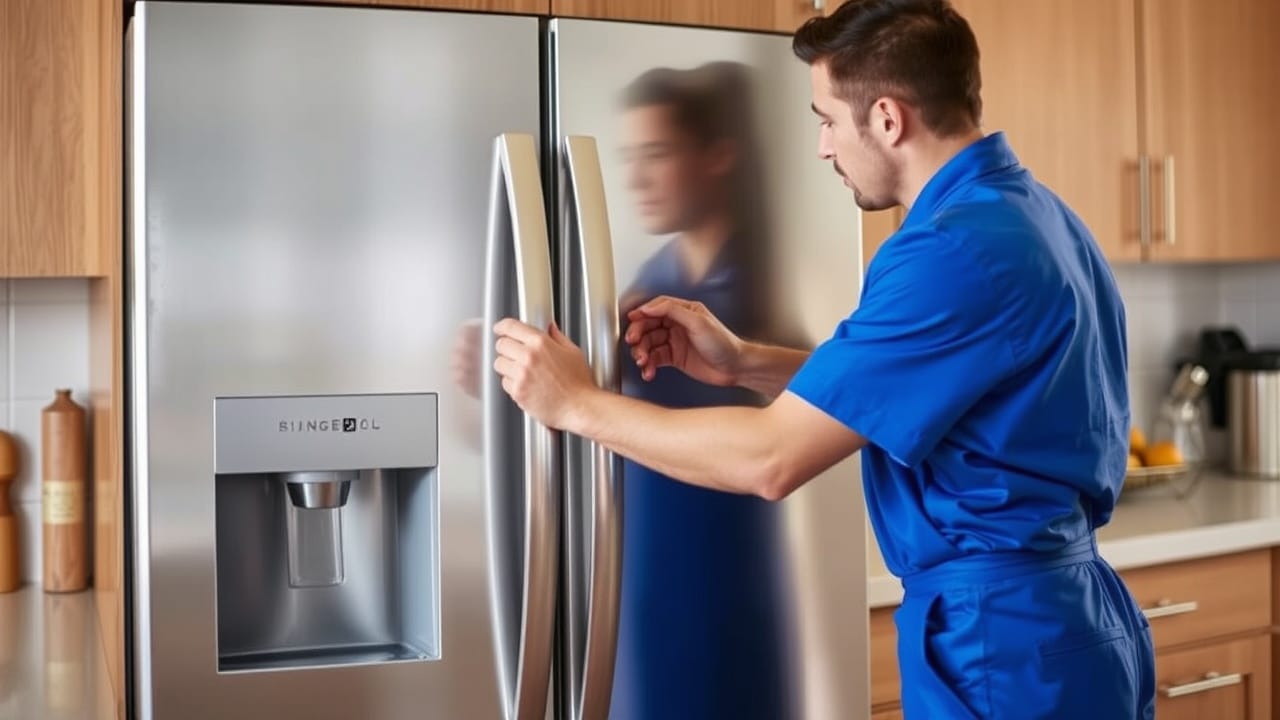 Mavi üniformalı bir teknisyen ev mutfağında gümüş bir buzdolabı kapağını açıyor.