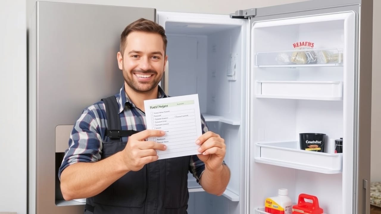 Tamir edilmiş buzdolabının önünde tamamlanmış bir kontrol listesi gösteren gülümseyen teknisyen