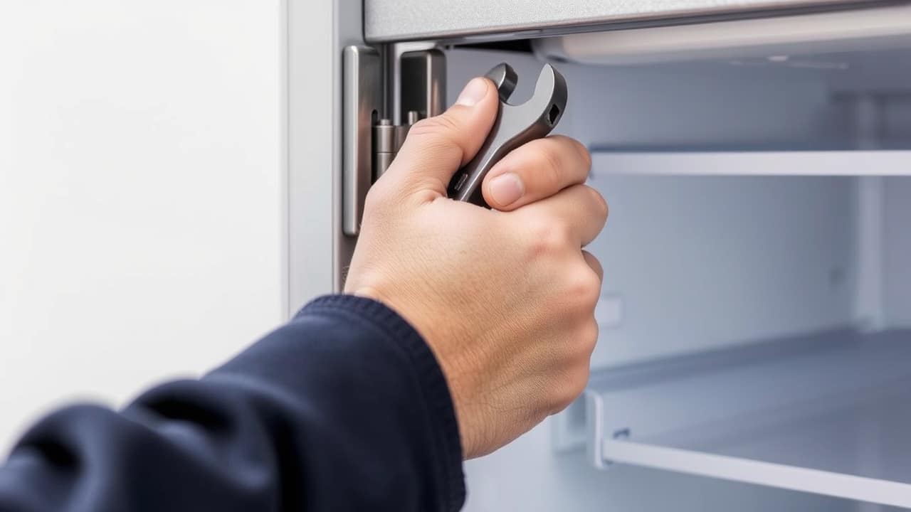 Bir teknisyenin buzdolabı menteşesini anahtarla çevirdiği yakın çekim
