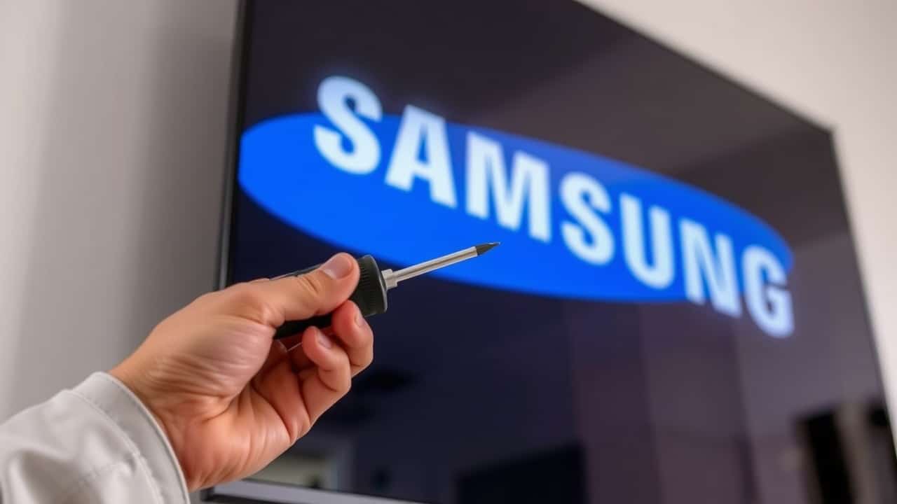 Bir teknisyen duvara monteli Samsung televizyonun yanında tornavida tutuyor.