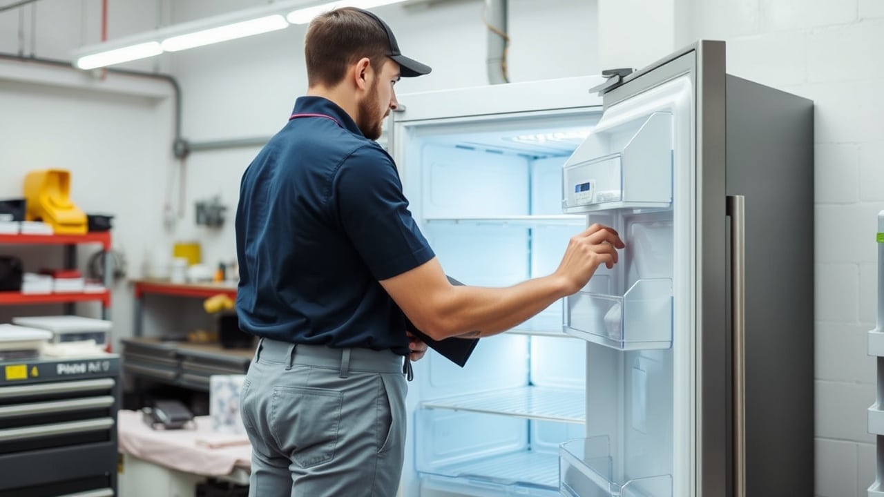 Servis dükkanında üniformalı bir Samsung Ankara Buzdolabı Servis teknisyeni açık bir buzdolabı üzerinde çalışıyor.