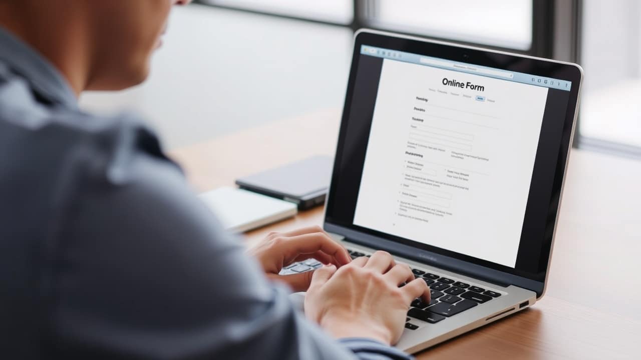 Bir kişi bir dizüstü bilgisayarda çevrimiçi form dolduruyor.