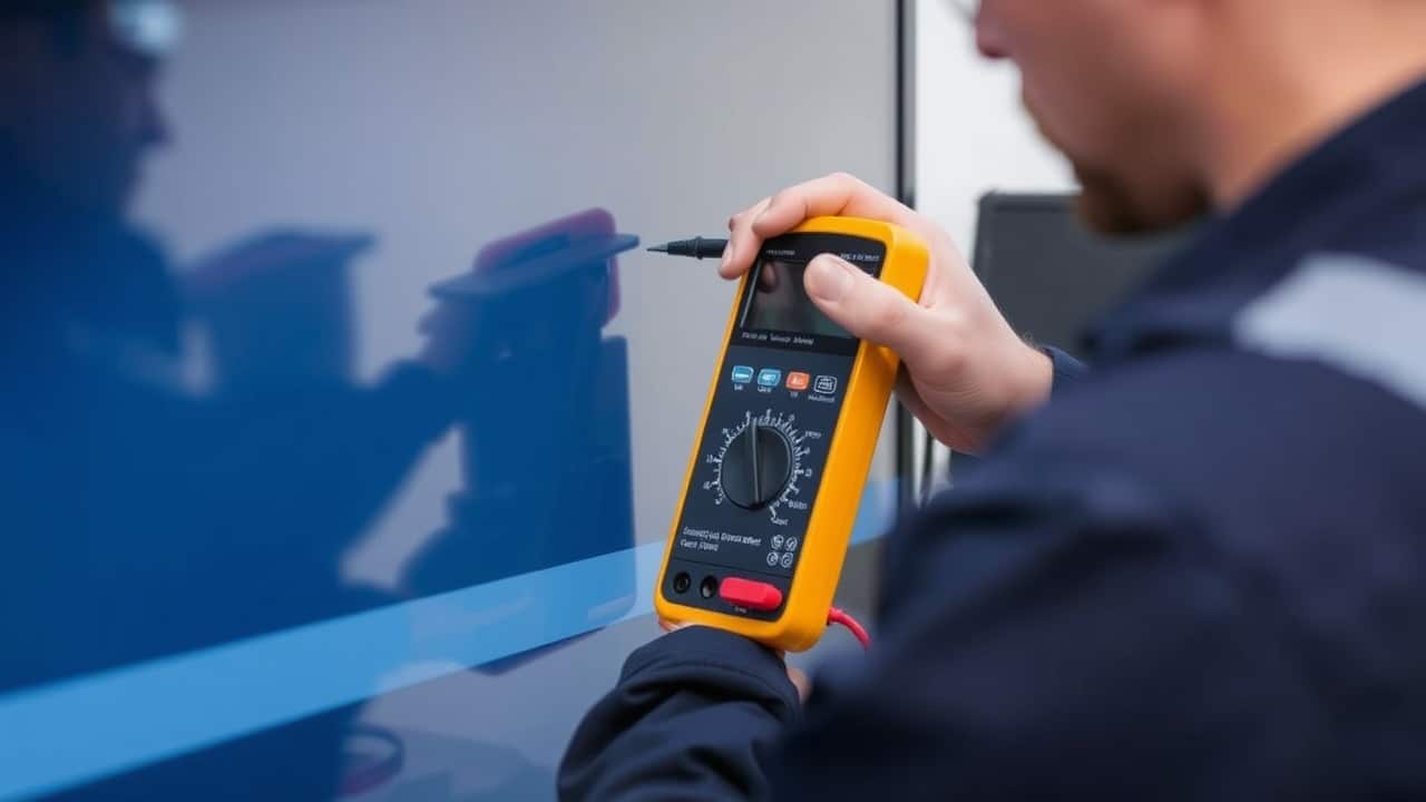 Bir teknisyenin televizyon ekranını multimetre ile test ettiği yakın çekim.