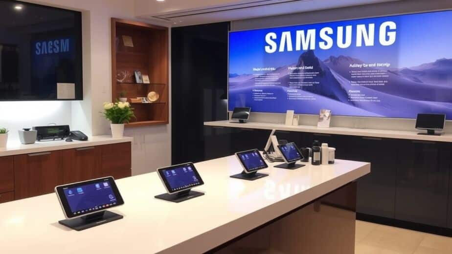 Temiz bir servis tezgahı, masada Samsung cihazları var.